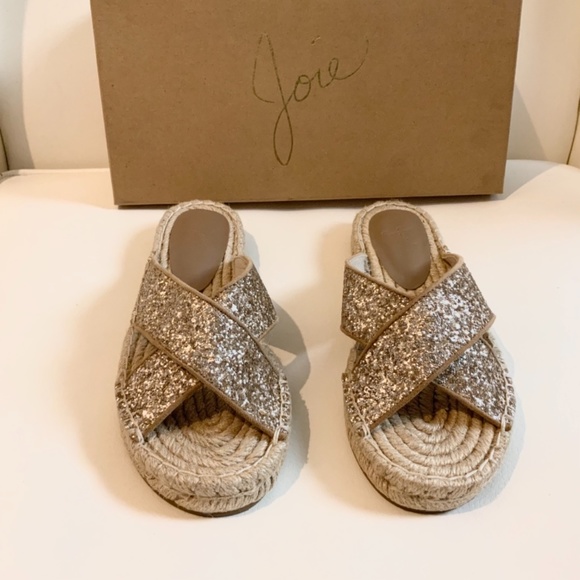 Joie Ianna Glitter Suede Espadrille Slide Sandals Gold Slip on Flat Mules 37.5 - Picture 9 of 11